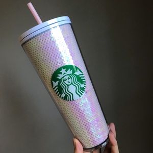 Starbucks Iridescent White Pink Yellow Sequin Mermaid Scale Cup Tumbler